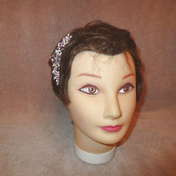Vtg Hair Comb Purple Pink Rhinestones Floral Cluster Silvertone Updo Boho 4" - Picture 1 of 9